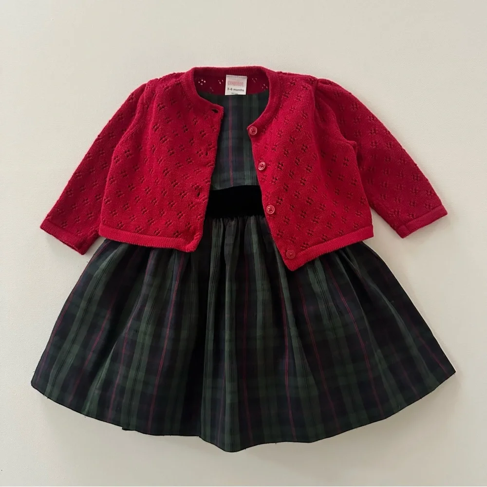 Gymboree 3-6 Months Baby Girl Red Cardigan Green Plaid Dress Set Holiday